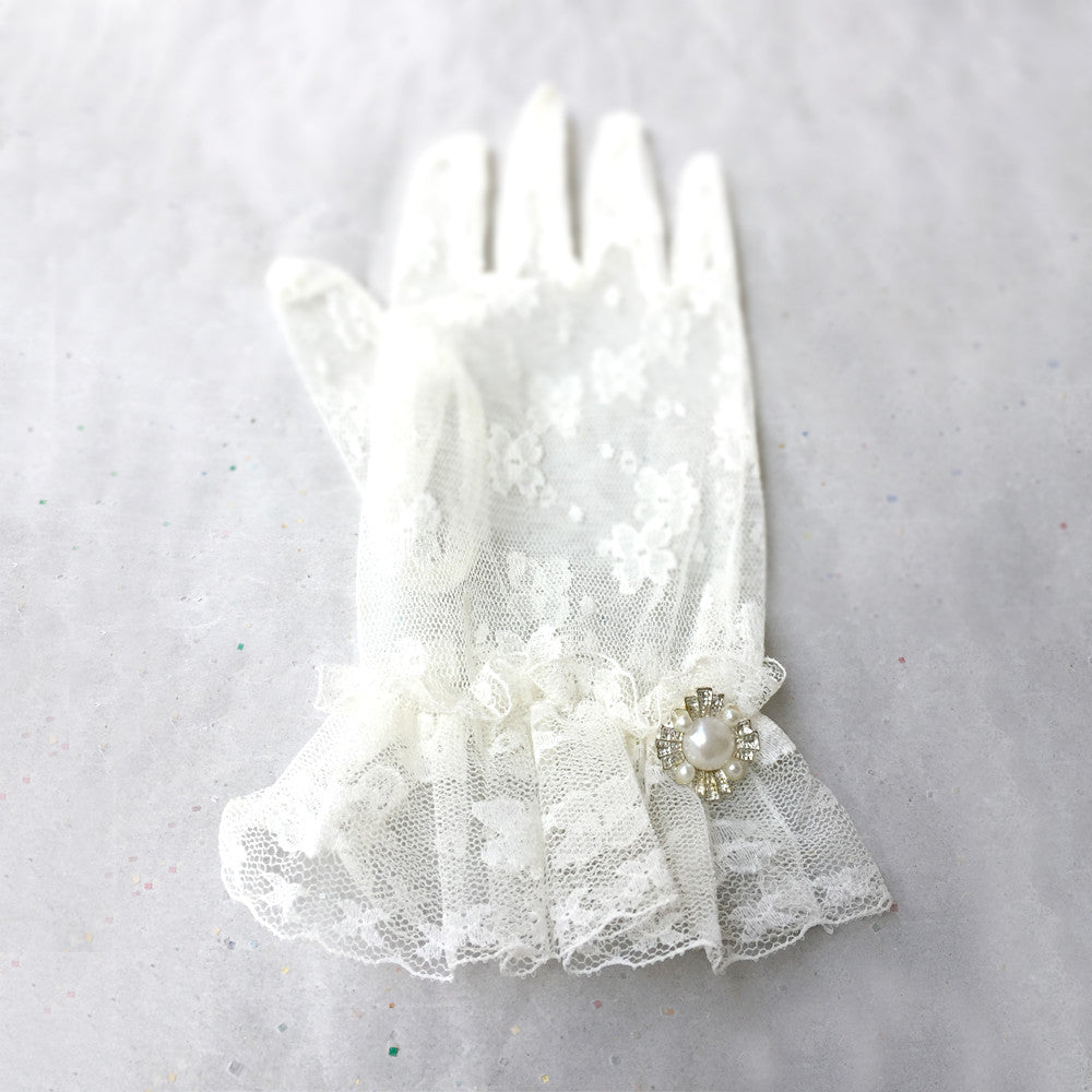 Handmade Lace Fingerless Wedding Gloves - Elegant White Ivory With Rhinestones & Applique (One Size)