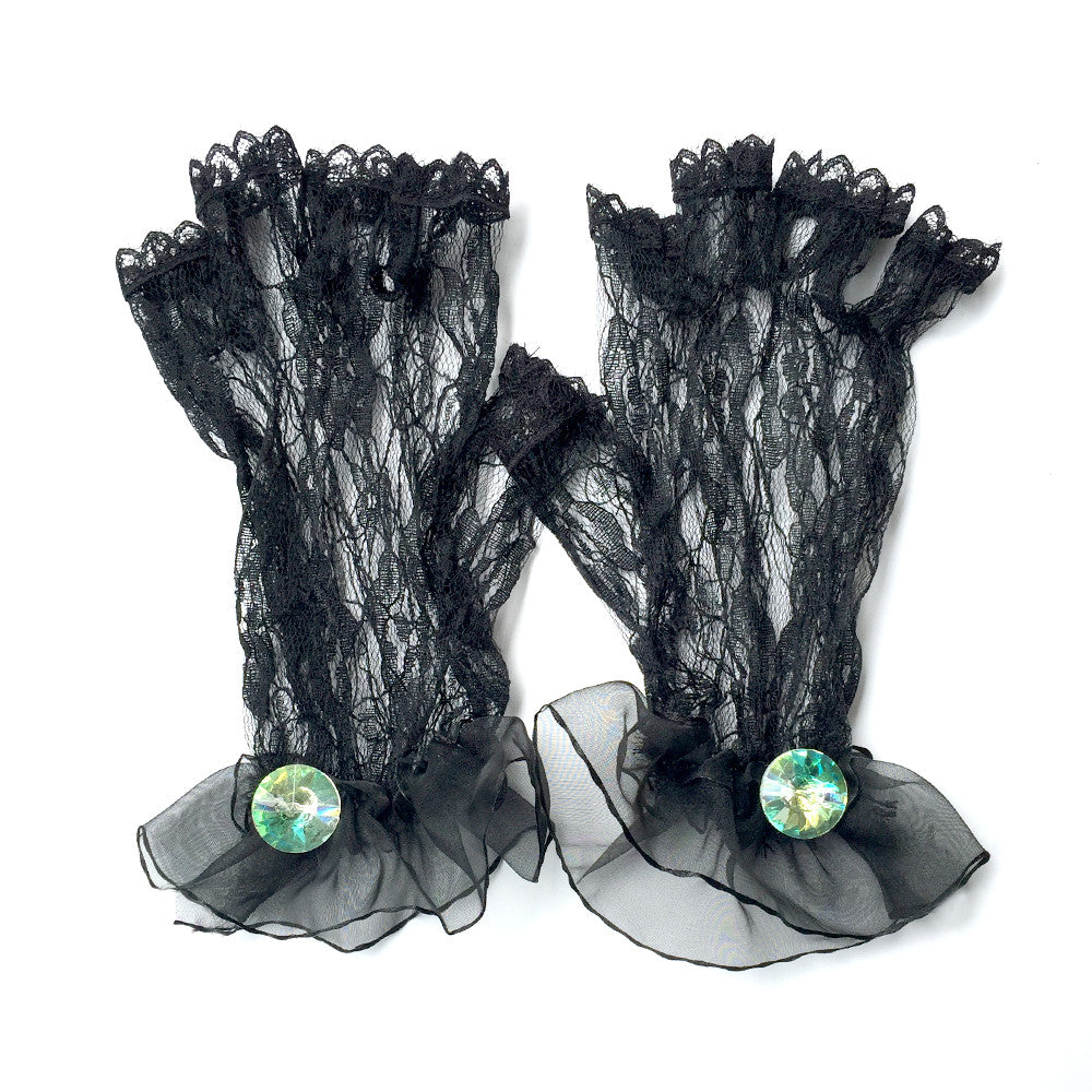 Women Black Lace Fingerless Gloves with Rhinestone Jewelry, Black Gloves