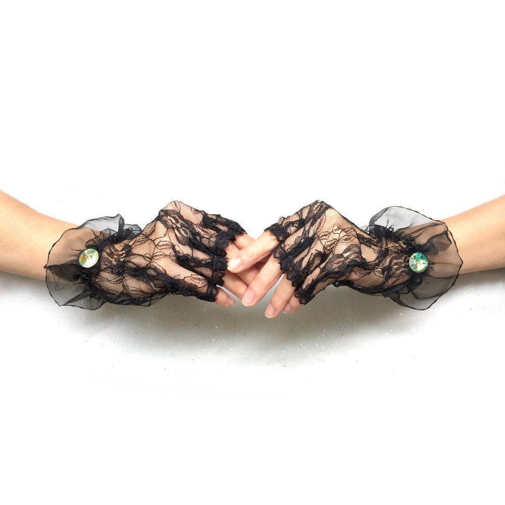 Women Black Lace Fingerless Gloves with Rhinestone Jewelry, Black Gloves