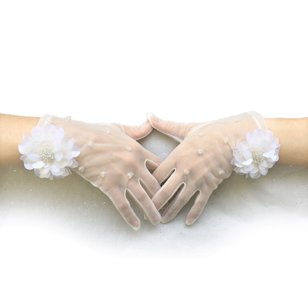 Guantes de novia de marfil, guantes de boda de encaje de estilo vintage, guantes de encaje flor blanca