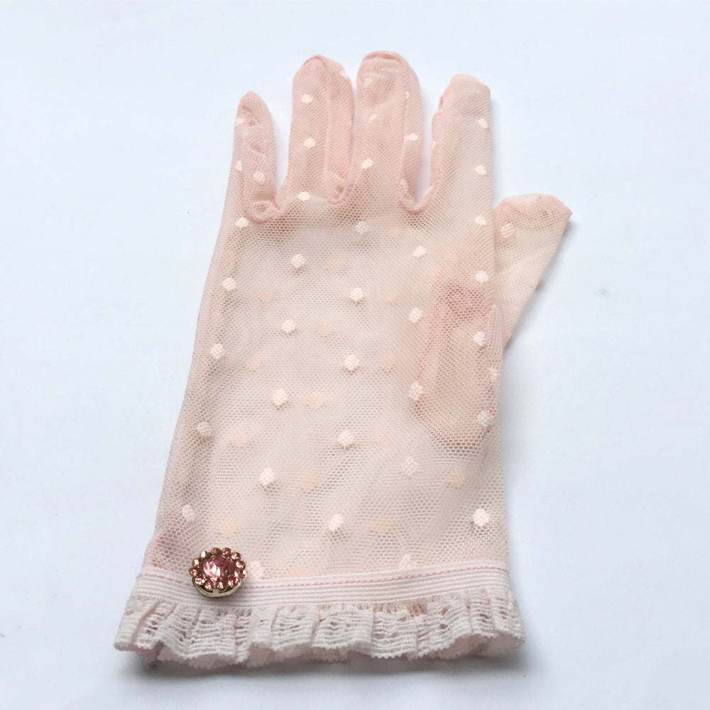 Guantes de encaje de lunares rosas con joyas de pedrería rosa, guantes rosas