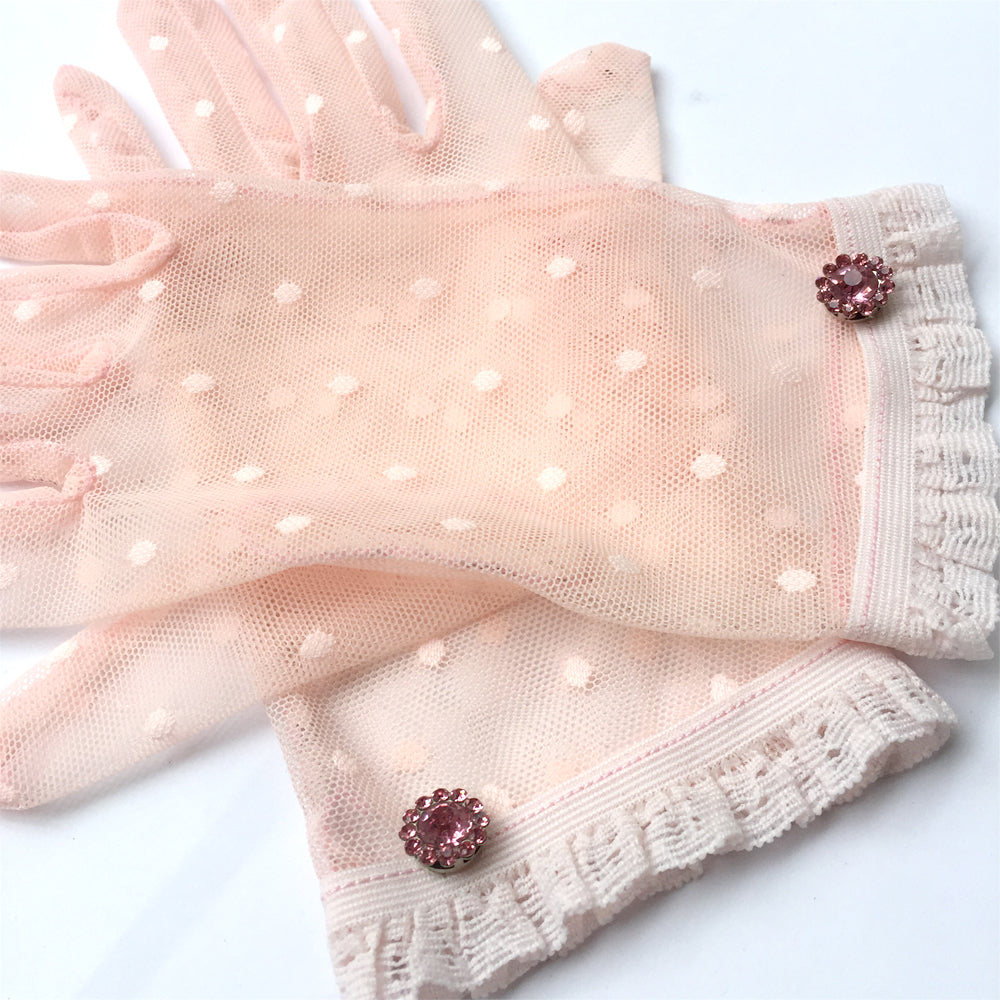 Pink Polka Dot Lace Gloves with Pink Rhinestone Jewelry, Pink Lace Gloves