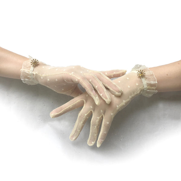 Ivory Polka Dot Lace Gloves, Ivory Lace Gloves Short, Cream Lace Gloves with Rhinestone Jewelry