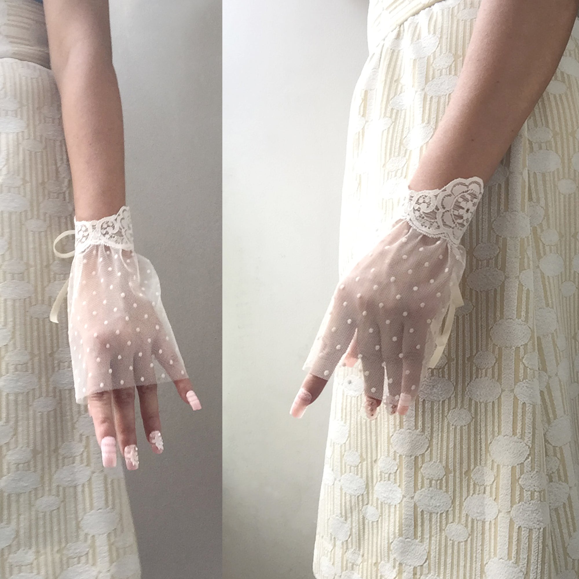 Polka Dot Lace Cuff Bracelet Ivory, Tea Party Lace Gloves, Vintage, Wedding