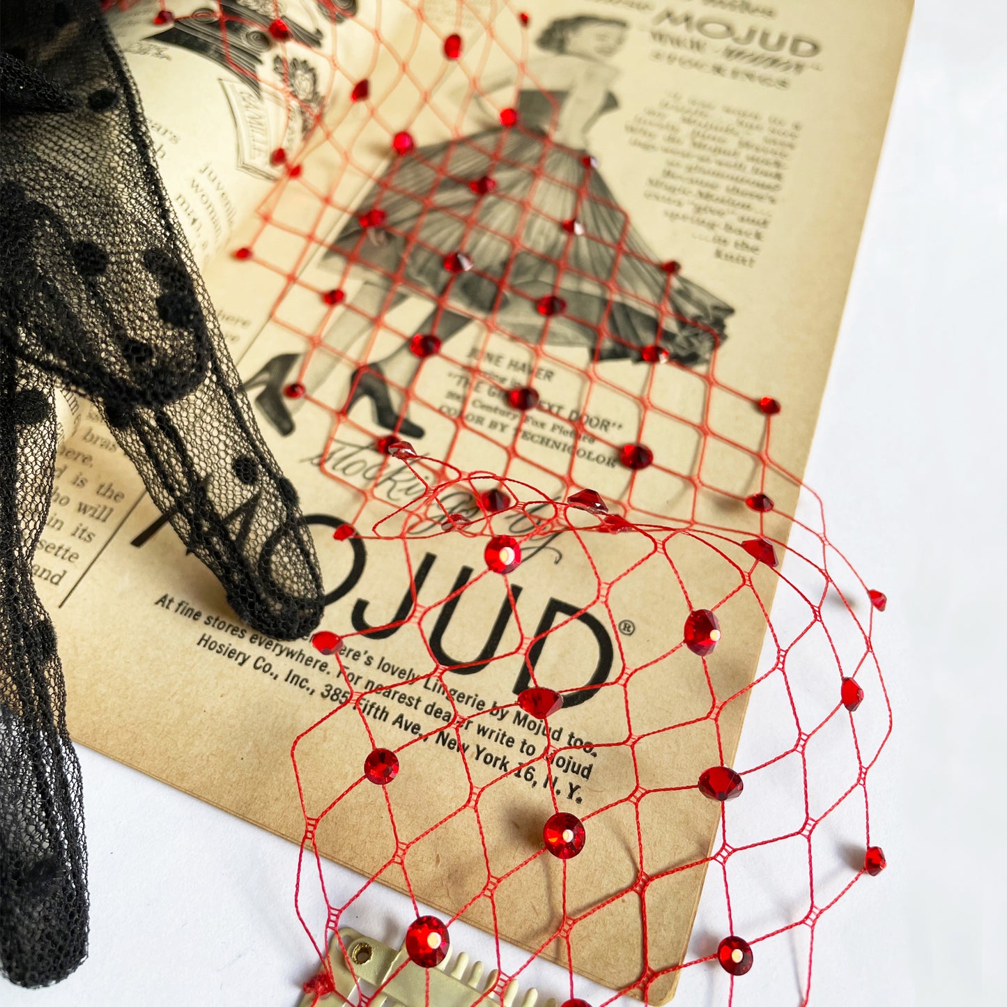 Diadema con velo de cara de cristal, tocado rojo, velo para boda, máscara para ojos, joyería para el cabello