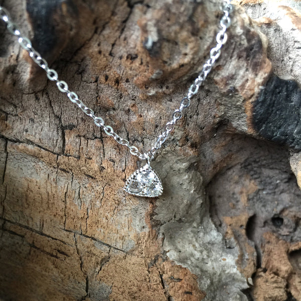 Sterling Silver Triangle Necklace with Crystal, Dainty Delicate Necklace, Sterling Silver Necklace