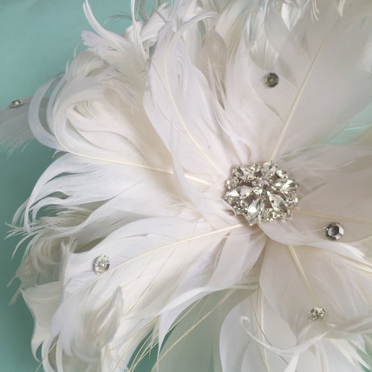 Large Feather Floral Headpeice, Ivory Feather and Rhinestone Flower Bridal Fascinator, Special Occasion Headpiece