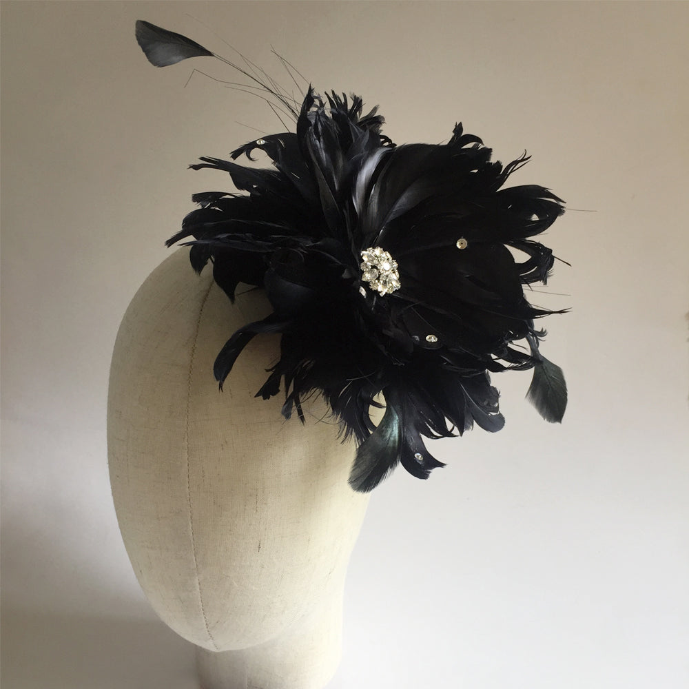 Black Wedding Brooch Fascinator, Black Feather and Rhinestone Fascinator Clip