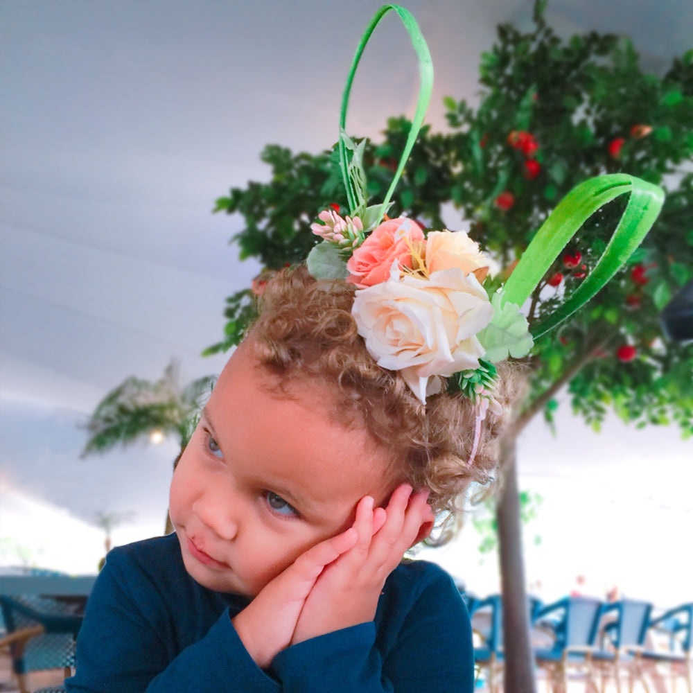 Diadema floral de orejas de conejo, orejas florales de conejo de Pascua, orejas de conejo para niños y adultos