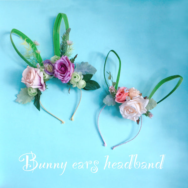 Diadema floral de orejas de conejo, orejas florales de conejo de Pascua, orejas de conejo para niños y adultos