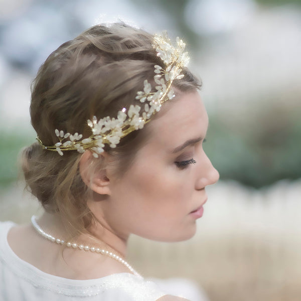 Corona de flores de oro, vid de pelo nupcial, vid de pelo de boda de oro, hecho a mano