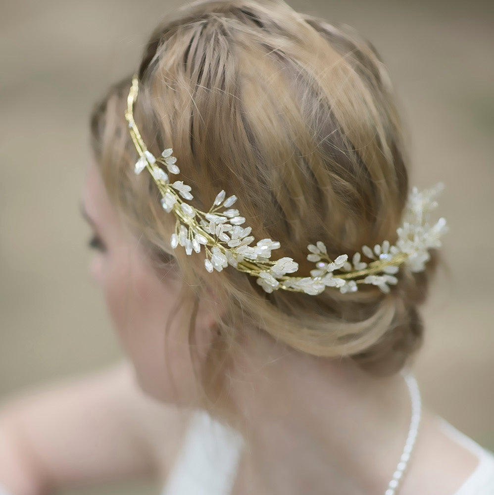 Corona de flores de oro, vid de pelo nupcial, vid de pelo de boda de oro, hecho a mano