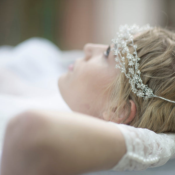 Tiara de pelo de boda, corona de alambre plateado, diadema de halo nupcial