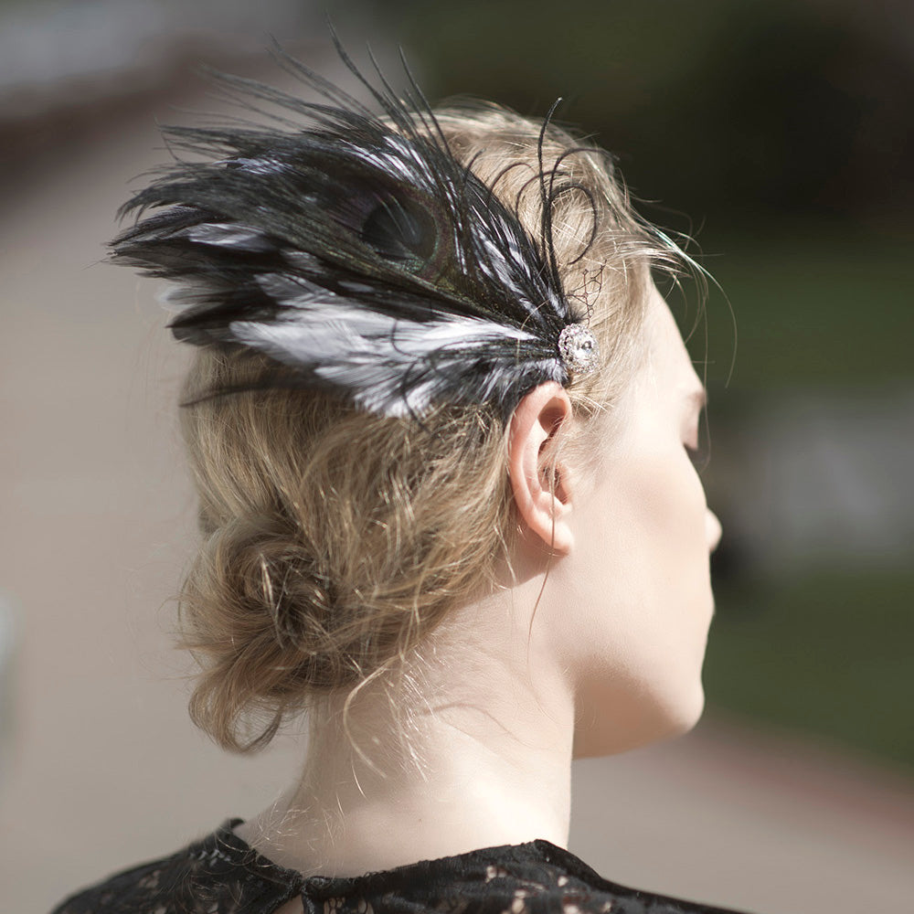 Clip de pelo fascinador de plumas negras, fascinador blanco y negro, clip de pelo de plumas nupciales
