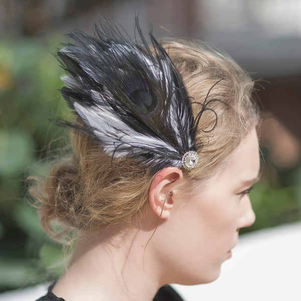 Clip de pelo fascinador de plumas negras, fascinador blanco y negro, clip de pelo de plumas nupciales