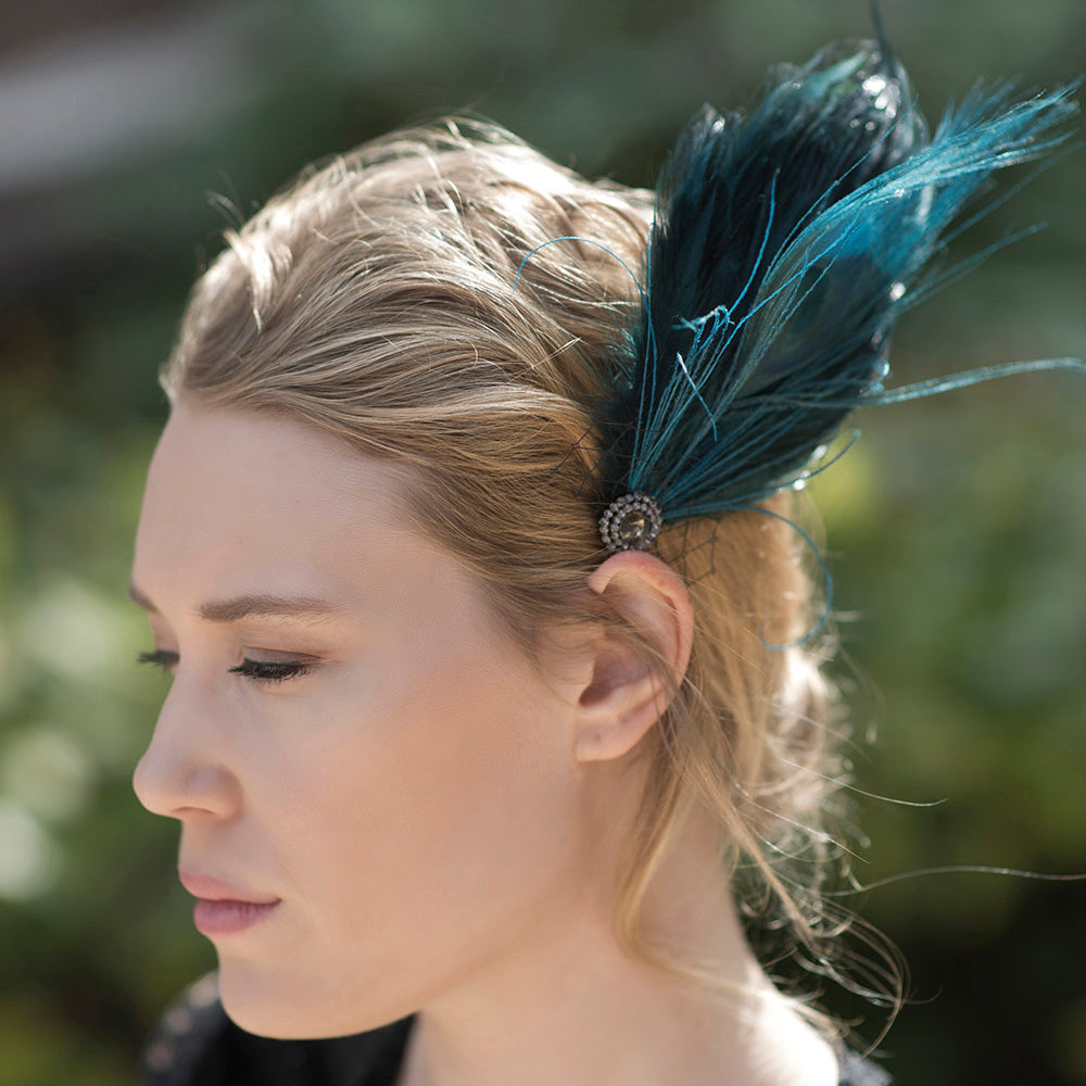 Boda fascinador de plumas de pavo real, clips de pelo nupcial de estilo vintage, pasador de broche de pieza de pelo