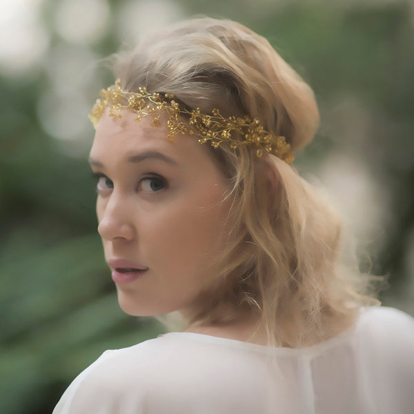 Boda de tocado griego, cabello nupcial Boho, corona de círculo de oro hecha a mano