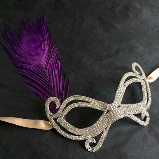 Butterfly Face Mask, Rhinestone Prom Masquerade Mask, Rhinestone Face Mask with Peacock Feather