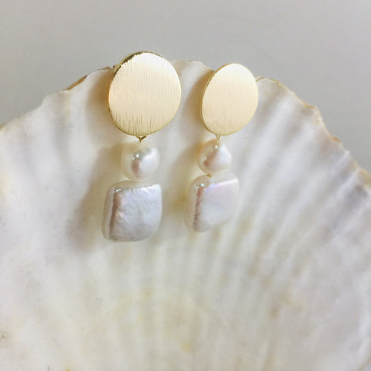 Baroque Pearl Drop Gold Earrings, Wedding Square Pearl Earrings, Gift Ideas