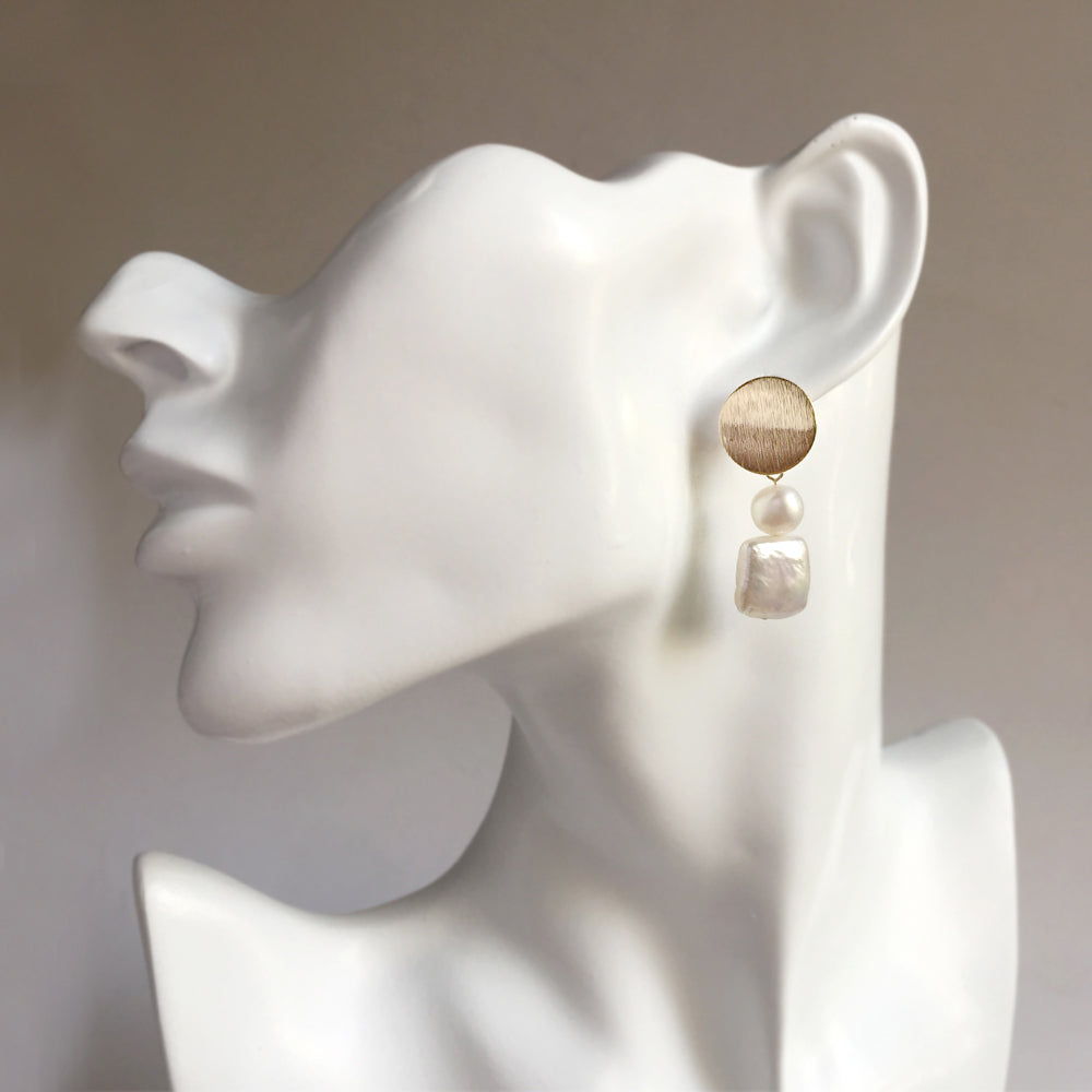 Baroque Pearl Drop Gold Earrings, Wedding Square Pearl Earrings, Gift Ideas
