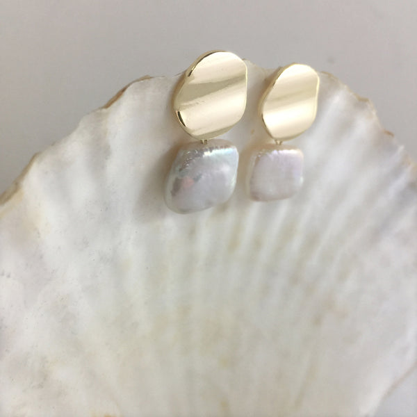 Keshi Pearl Dangle Earrings 14k, Natural Baroque Square Pearl Earrings, Gifts for Her