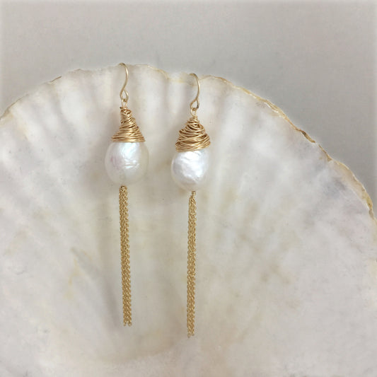 Large Baroque Pearl Dangle Earrings 14k, Pearl Drop Earrings, Wedding Earrings