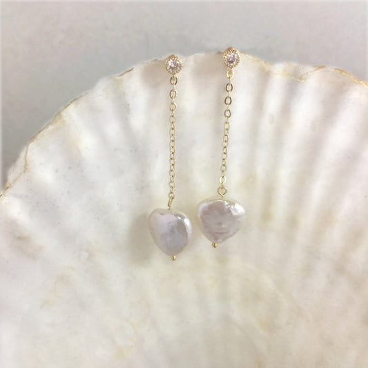 Heart Pearl Earrings Gold, Simple Pearl Drop Earrings, Pearl Heart Shaped Gold Earrings