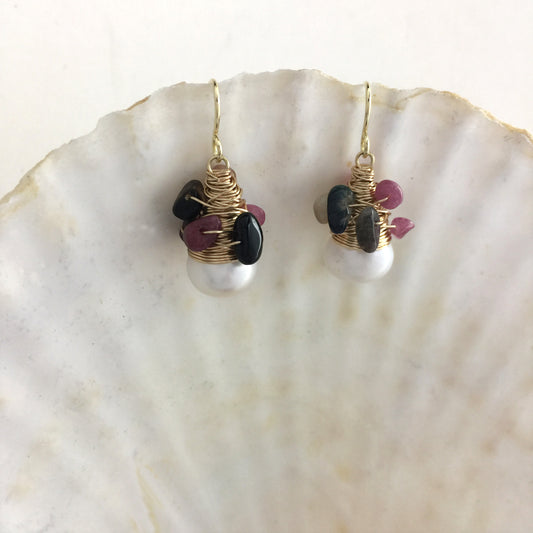 Boho Hippie Gypsy Baroque Pearl and Gemstone Earrings, Mother's Day Gift, Boho Pearl Earrings