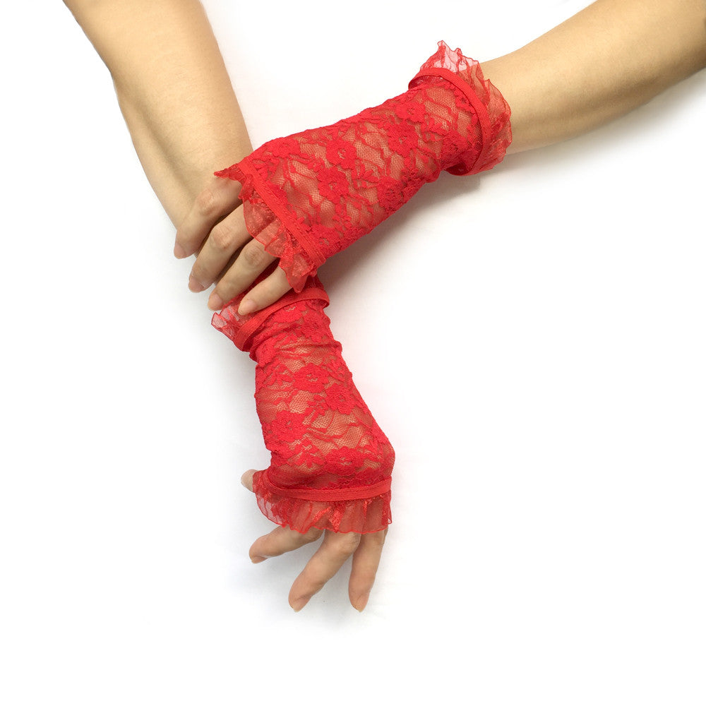 Red Fingerless Gloves, Red Lace Gloves, Red Gloves